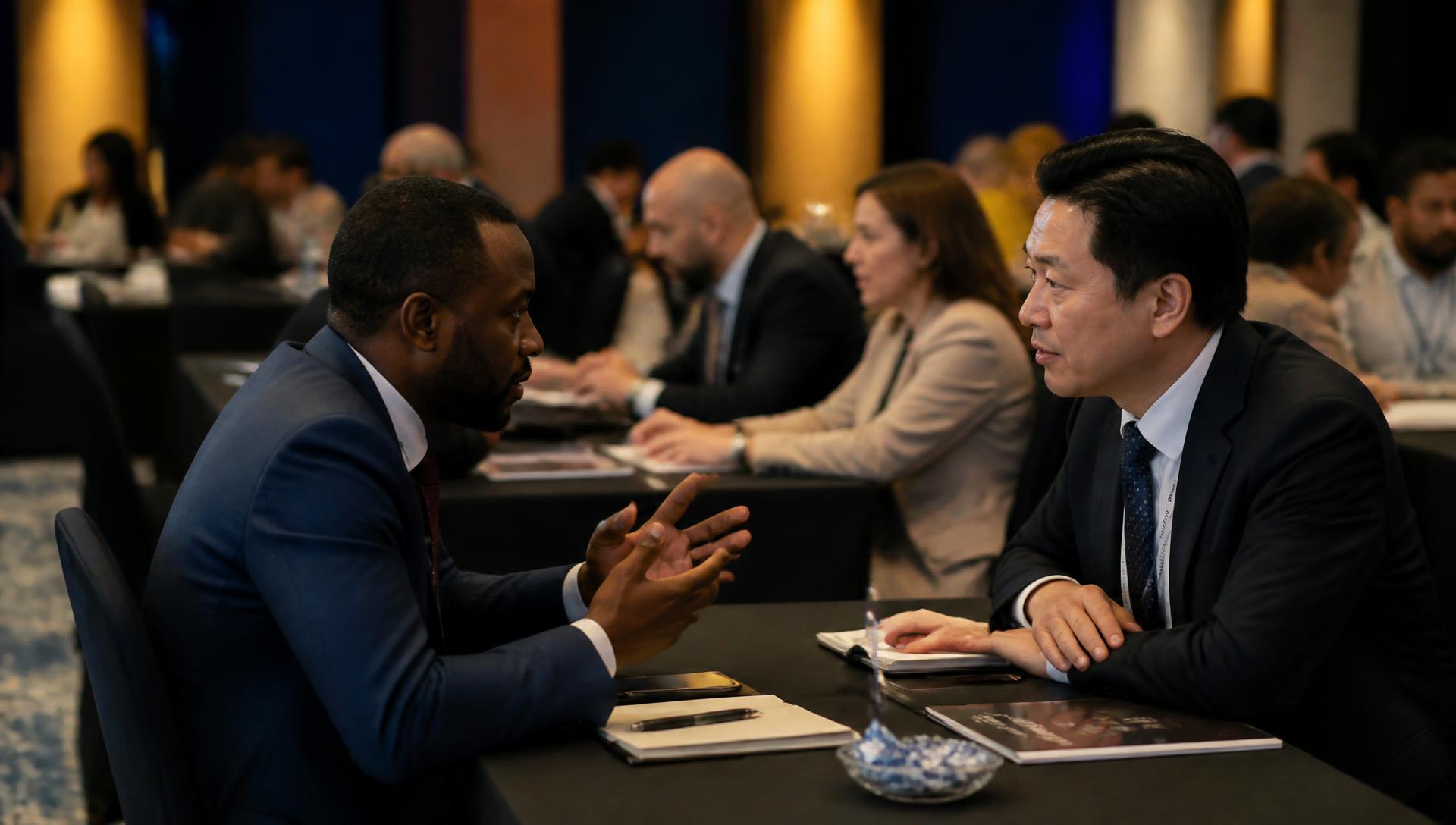 Two international delegates in conversation at a Go Global B2B matchmaking table